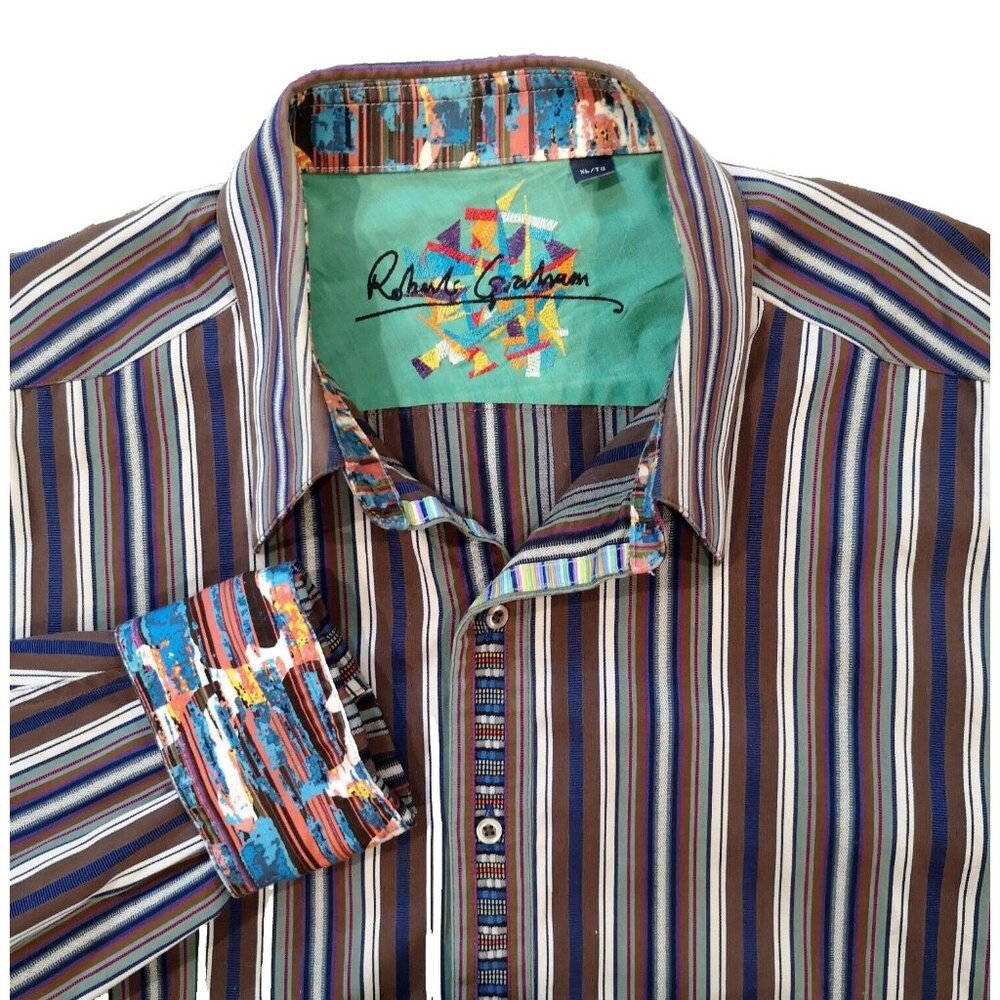 Robert Graham Button down Shirt XL Flip Cuff Aztec Brown Blue Stripe